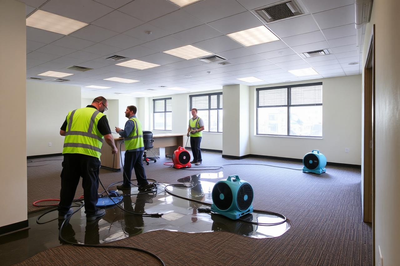 Restoration technicians extracting water from a commercial office floor
