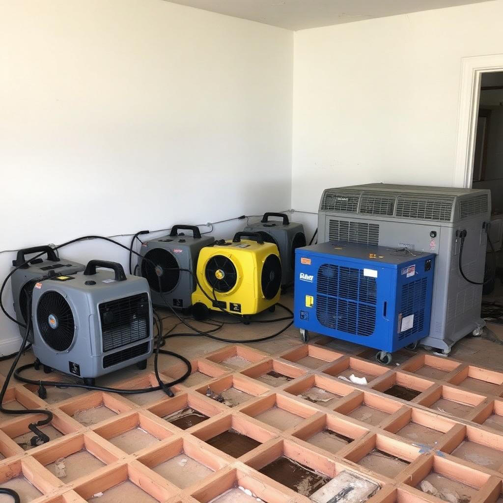 Drying equipment positioned in a room with subfloor exposed during restoration