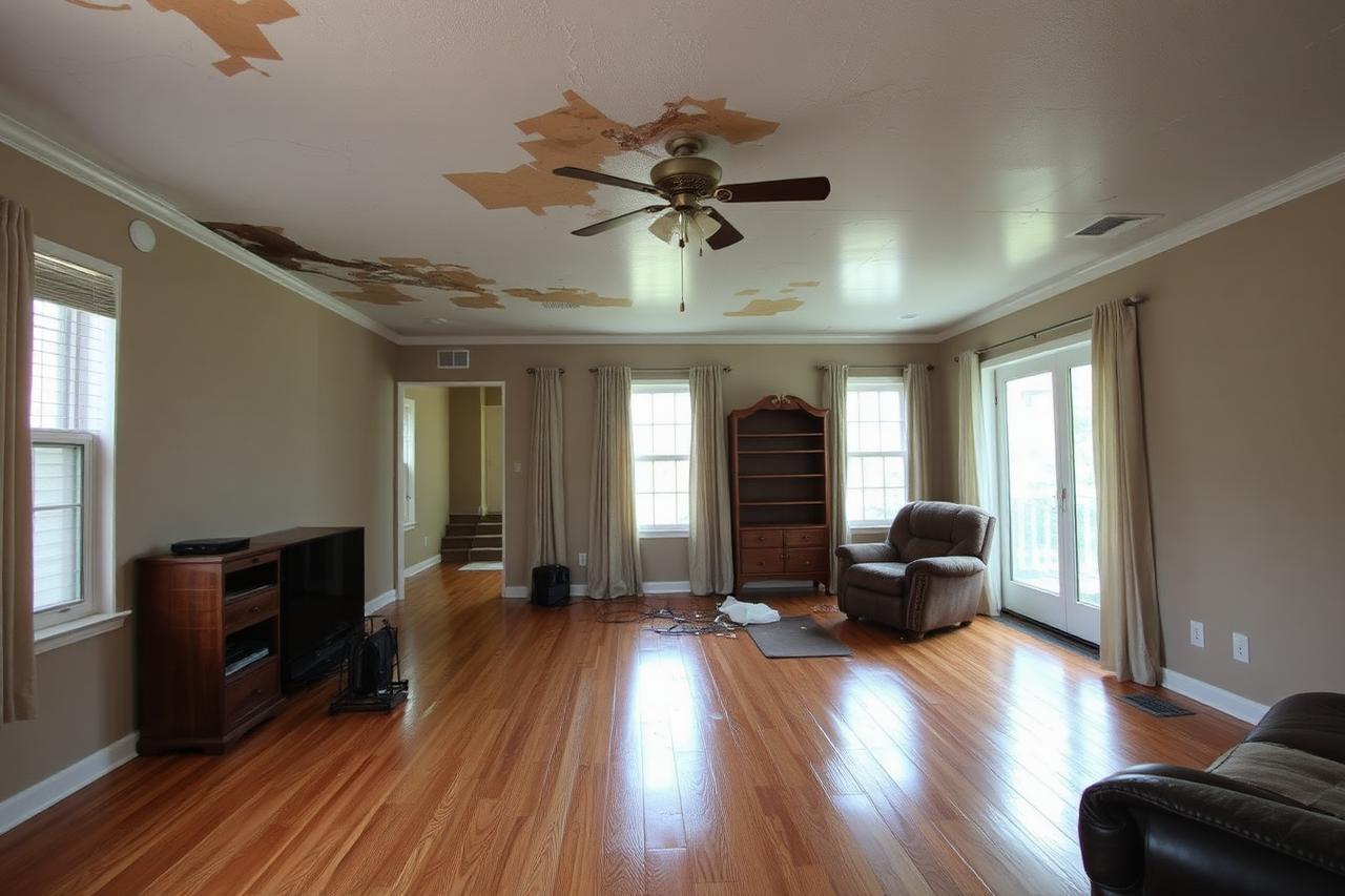 Interior of a Scarborough-style home with ceiling water staining and damaged flooring