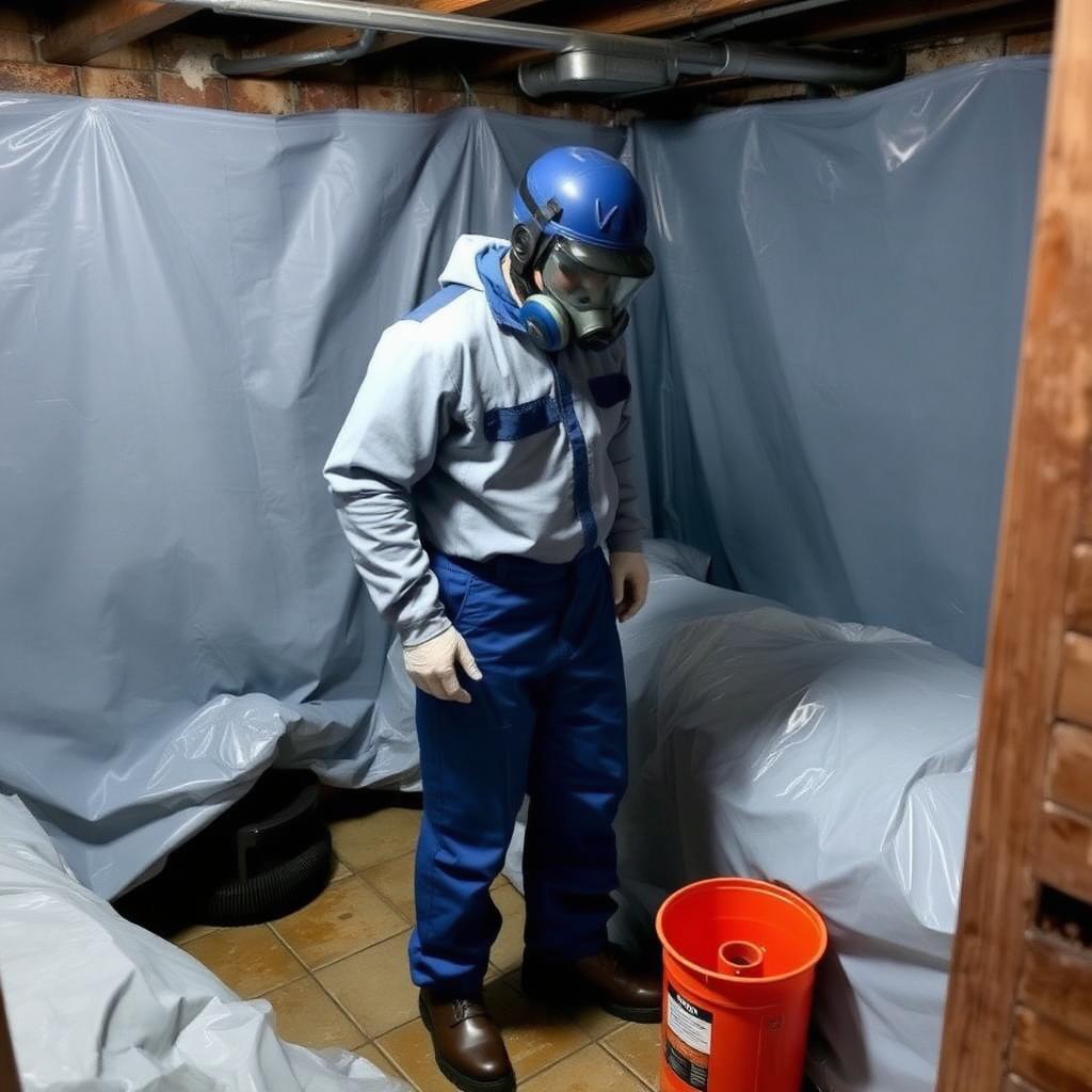 Technician in protective equipment setting up containment during a contaminated water cleanup